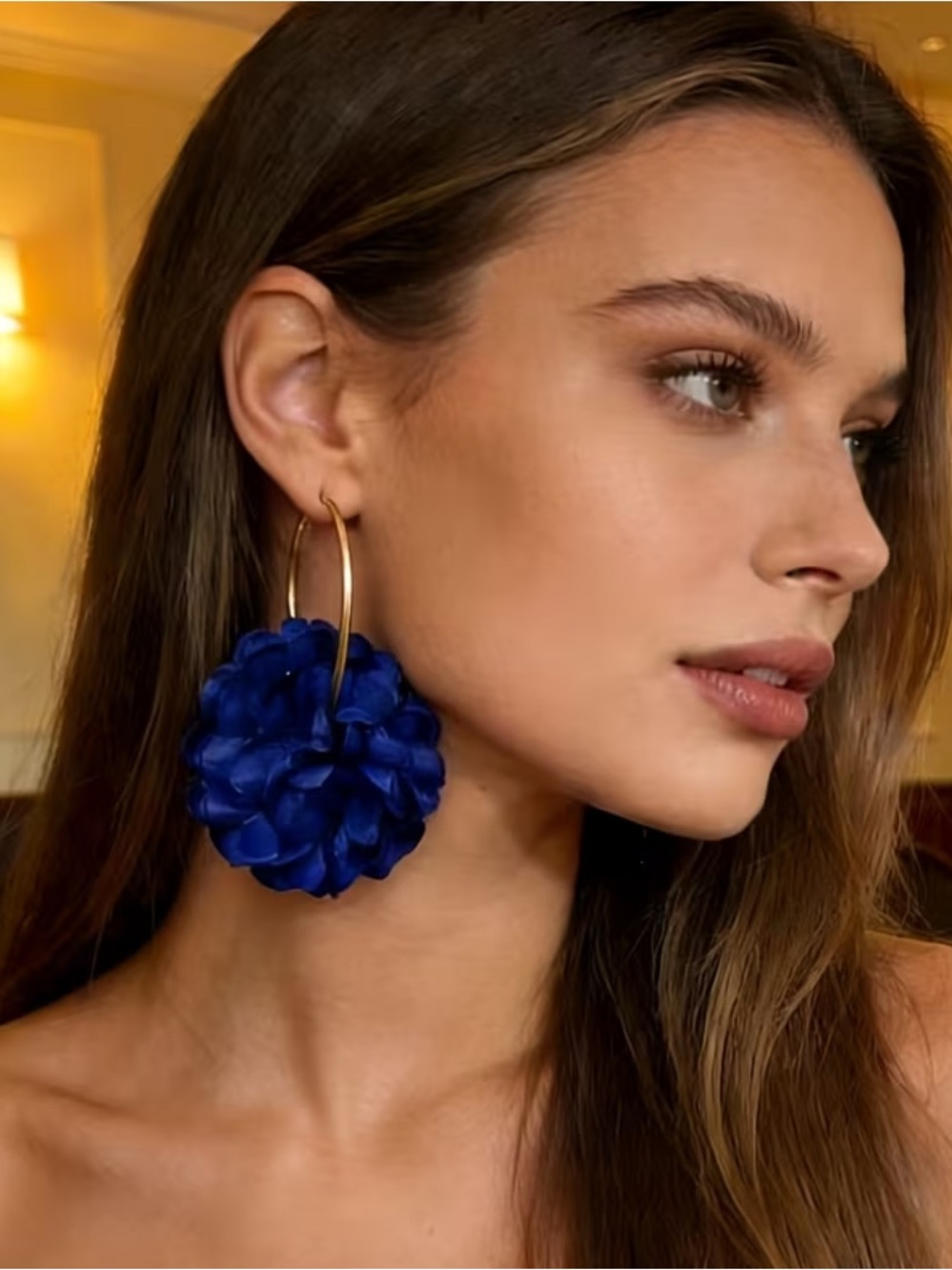 Gold Hoop Earrings with Royal Blue Floral Pom-Pomp